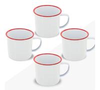 FUN FAN LINE - Set of 4 Retro Enameled Mugs, White with Red Rim | Large 380ml Vintage Breakfast Mug Set | Unique Mugs for Coffee, Tea & Hot Chocolate | The Perfect Practical Gift Set for Friends