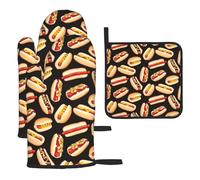 Fun Food Hot Dogs Oven Mitts And Pot Holders Sets Of 3 Pcs - Heat Bbq Oven Gloves For Cooking Baking Grilling