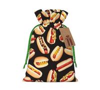 Fun Food Hot Dogs Printed Christmas Drawstring Bags with Green Christmas Ribbon - Reusable Burlap Drawstring Gift Pouches, S
