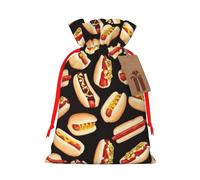 Fun Food Hot Dogs Printed Christmas Drawstring Bags with Red Ribbon - Reusable Burlap Drawstring Gift Pouches, S