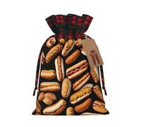 (Fun Food Hot Dogs) Reusable S Size Bag Sack With Drawstring Eco-Friendly Plaid Burlap Pouch For Party Wedding Favors.