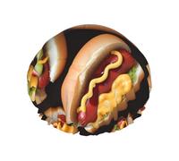 Fun Food Hot Dogs Shower Cap for Women Double Layers Thick Hair Caps Reusable Waterproof Bath Caps with Elastic Band Hair Hat Washable Shower Hat for Men Women Spa Salon