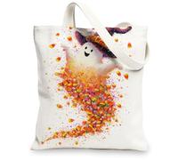 Fun Ghost Canvas Tote Bags, Colorful Halloween Pattern Reusable Grocery Bags, Lightweight Washable Shoulder Strap Canvas Ba, White, 13x15 Inch