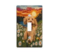 Fun Golden Doodle Dog Decorative Switch Cover 1 Gang Single Toggle, Spring Daisy Scene Chien Wall Plate Cover, Standard Size, Puppy Electrical Faceplate for Bedroom Living Room Decor