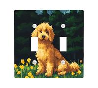 Fun Golden Doodle Dog Switch Cover Wall Plate 2 Gang Double Toggle, Spring Forest Pixel Chien Electrical Faceplate for Bedroom Bathroom Decor, Puppy Standard Size Switchplate