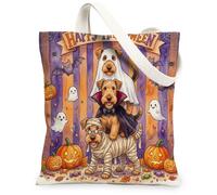 Fun Halloween Airedale Terrier Dog Canvas Tote Bag for Shopping 13 * 15 Inch, Scary Puppy Ghost Reusable Grocery Bag for Women, Horror Pumpkin Aesthetic Pattern Gift Decor