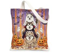 Fun Halloween Alaskans Malamute Dog Canvas Tote Bag for Shopping 13 * 15 Inch, Scary Puppy Ghost Reusable Grocery Bag for Women, Horror Pumpkin Aesthetic Pattern Gift Decor