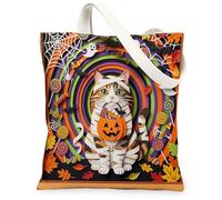 Fun Halloween American Shorthair Cat Canvas Tote Bag for Shopping 13 * 15, Paper Cut Craft Fall Scary Reusable Grocery Bag for Women, Spooky Aesthetic Painting Gift Decor