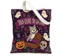 Fun Halloween American Shorthair Cat Canvas Tote Bag for Shopping 13x15, Scary Coffin Gothic Ghost Reusable Grocery Print Bag for Women, Spooky Beach Aesthetic Painting Gift Decor