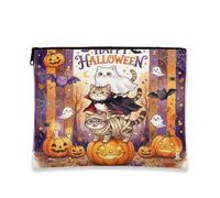 Fun Halloween American Shorthair Cat Makeup Bag 7''x9'' for Travel Pouch, Scary Kitten Ghost Print Cosmetic Pouch for Women Gift, Horror Pumpkin Portable Canvas Zipper Organizer