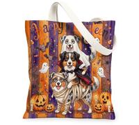 Fun Halloween Australian Shepherd Dog Canvas Tote Bag for Shopping 13 * 15 Inch, Scary Puppy Ghost Reusable Grocery Bag for Women, Horror Pumpkin Aesthetic Pattern Gift Decor