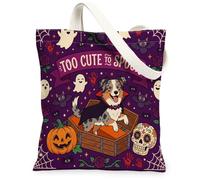Fun Halloween Australian Shepherd Dog Canvas Tote Bag for Shopping 13x15, Scary Coffin Gothic Ghost Reusable Grocery Print Bag for Women, Spooky Beach Aesthetic Painting Gift Decor