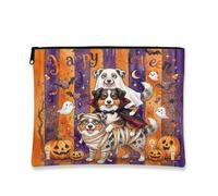 Fun Halloween Australian Shepherd Dog Makeup Bag 7''x9'' for Travel Pouch, Scary Puppy Ghost Print Cosmetic Pouch for Women Gift, Horror Pumpkin Portable Canvas Zipper Organizer