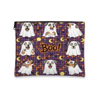 Fun Halloween Australian Shepherd Dog Makeup Bag 7x9 Inch for Travel Purse, Funky Scary Puppy Ghost Pattern Cosmetic Pouch for Women, Spooky Portable Canvas Zipper Organizer