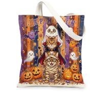 Fun Halloween Bengal Cat Canvas Tote Bag for Shopping 13 * 15 Inch, Scary Kitten Ghost Reusable Grocery Bag for Women, Horror Pumpkin Aesthetic Pattern Gift Decor