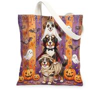 Fun Halloween Bernese Mountain Dog Canvas Tote Bag for Shopping 13 * 15 Inch, Scary Puppy Ghost Reusable Grocery Bag for Women, Horror Pumpkin Aesthetic Pattern Gift Decor
