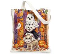Fun Halloween Bichon Frise Dog Canvas Tote Bag for Shopping 13 * 15 Inch, Scary Puppy Ghost Reusable Grocery Bag for Women, Horror Pumpkin Aesthetic Pattern Gift Decor
