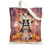 Fun Halloween Border Collie Dog Canvas Tote Bag for Shopping 13 * 15 Inch, Scary Puppy Ghost Reusable Grocery Bag for Women, Horror Pumpkin Aesthetic Pattern Gift Decor