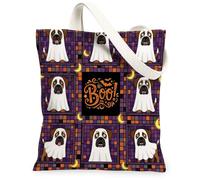 Fun Halloween Boxer Dog Canvas Tote Bag for Shopping 13x15, Funky Scary Puppy Ghost Reusable Grocery Print Bag for Women, Spooky Aesthetic Painting Gift Decor