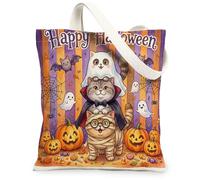 Fun Halloween British Shorthair Cat Canvas Tote Bag for Shopping 13 * 15 Inch, Scary Kitten Ghost Reusable Grocery Bag for Women, Horror Pumpkin Aesthetic Pattern Gift Decor