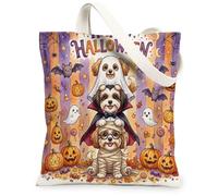Fun Halloween Cavachon Dog Canvas Tote Bag for Shopping 13 * 15 Inch, Scary Puppy Ghost Reusable Grocery Bag for Women, Horror Pumpkin Aesthetic Pattern Gift Decor