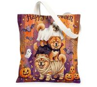 Fun Halloween Chow Chow Dog Canvas Tote Bag for Shopping 13 * 15 Inch, Scary Puppy Ghost Reusable Grocery Bag for Women, Horror Pumpkin Aesthetic Pattern Gift Decor
