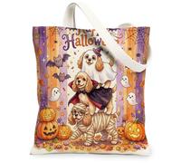 Fun Halloween Cocker Spaniel Dog Canvas Tote Bag for Shopping 13 * 15 Inch, Scary Puppy Ghost Reusable Grocery Bag for Women, Horror Pumpkin Aesthetic Pattern Gift Decor
