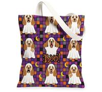 Fun Halloween Cocker Spaniel Dog Canvas Tote Bag for Shopping 13x15, Funky Scary Puppy Ghost Reusable Grocery Print Bag for Women, Spooky Aesthetic Painting Gift Decor