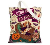 Fun Halloween Cocker Spaniel Dog Canvas Tote Bag for Shopping 13x15, Scary Coffin Gothic Ghost Reusable Grocery Print Bag for Women, Spooky Beach Aesthetic Painting Gift Decor