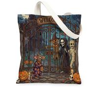 Fun Halloween Creepy Rat Mouse Canvas Tote Bag for Shopping 13 * 15 Inch, Horror Haunted House Reusable Grocery Bag for Women, Scary Castle Aesthetic Pattern Gift Decor
