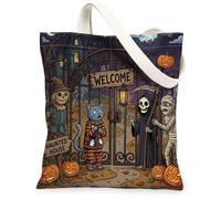 Fun Halloween Creepy Russian Blue Cat Canvas Tote Bag for Shopping 13 * 15 Inch, Horror Haunted House Reusable Grocery Bag for Women, Scary Aesthetic Pattern Gift Decor