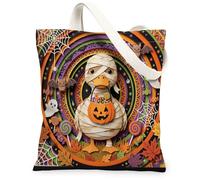 Fun Halloween Duck Canvas Tote Bag for Shopping 13 * 15, Paper Cut Craft Fall Scary Creepy Reusable Grocery Bag for Women, Spooky Aesthetic Painting Gift Decor