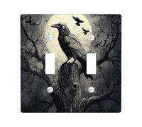 Fun Halloween Fantasy Crow Decorative Light Switch Cover Wall Plate 2 Gang Double Toggle, Magic Forest Tree Raven Electrical Switchplate Scenic Electrical Faceplate for Bedroom Room