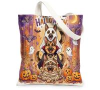 Fun Halloween German Shepherd Dog Canvas Tote Bag for Shopping 13 * 15 Inch, Scary Puppy Ghost Reusable Grocery Bag for Women, Horror Pumpkin Aesthetic Pattern Gift Decor