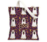 Fun Halloween German Shepherd Dog Canvas Tote Bag for Shopping 13x15, Funky Scary Puppy Ghost Reusable Grocery Print Bag for Women, Spooky Aesthetic Painting Gift Decor