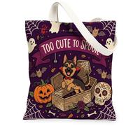Fun Halloween German Shepherd Dog Canvas Tote Bag for Shopping 13x15, Scary Coffin Gothic Ghost Reusable Grocery Print Bag for Women, Spooky Beach Aesthetic Painting Gift Decor