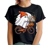 Fun Halloween Ghost Bicycle T-Shirt with Pumpkin Basket Cute and Whimsical Design for Men, Women, Teens, and Kids Soft, Perfect for Halloween Parties or Casual Wear #T462 Black M
