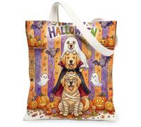 Fun Halloween Golden Retriever Dog Canvas Tote Bag for Shopping 13 * 15 Inch, Scary Puppy Ghost Reusable Grocery Bag for Women, Horror Pumpkin Aesthetic Pattern Gift Decor
