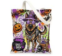 Fun Halloween Graffiti German Shepherd Dog Canvas Tote Bag for Shopping 13x15, Scary Witchy Reusable Grocery Print Bag for Women, Cauldron Beach Aesthetic Painting Gift Decor
