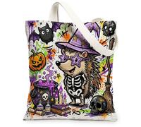 Fun Halloween Graffiti Hedgehog Canvas Tote Bag for Shopping 13x15, Scary Witchy Cauldron Reusable Grocery Print Bag for Women, Creepy Beach Aesthetic Painting Gift Decor