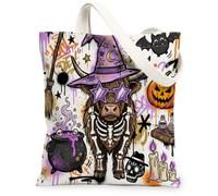 Fun Halloween Graffiti Highland Cow Canvas Tote Bag for Shopping 13x15, Scary Witchy Cauldron Reusable Grocery Print Bag for Women, Creepy Beach Aesthetic Painting Gift Decor