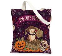 Fun Halloween Hedgehog Canvas Tote Bag for Shopping 13x15, Scary Coffin Gothic Ghost Reusable Grocery Print Bag for Women, Spooky Beach Aesthetic Painting Gift Decor