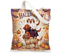 Fun Halloween Irish Setter Dog Canvas Tote Bag for Shopping 13 * 15 Inch, Scary Puppy Ghost Reusable Grocery Bag for Women, Horror Pumpkin Aesthetic Pattern Gift Decor