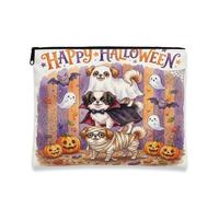 Fun Halloween Japanese Chin Dog Makeup Bag 7''x9'' for Travel Pouch, Scary Puppy Ghost Print Cosmetic Pouch for Women Gift, Horror Pumpkin Portable Canvas Zipper Organizer