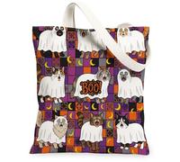 Fun Halloween Maine Coons Cat Canvas Tote Bag for Shopping 13x15, Funky Scary Kitten Ghost Reusable Grocery Print Bag for Women, Spooky Aesthetic Painting Gift Decor