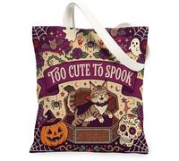 Fun Halloween Maine Coons Cat Canvas Tote Bag for Shopping 13x15, Scary Coffin Gothic Ghost Reusable Grocery Print Bag for Women, Spooky Beach Aesthetic Painting Gift Decor