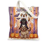 Fun Halloween Newfoundland Dog Canvas Tote Bag for Shopping 13 * 15 Inch, Scary Puppy Ghost Reusable Grocery Bag for Women, Horror Pumpkin Aesthetic Pattern Gift Decor