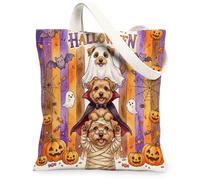 Fun Halloween Norfolk Terrier Dog Canvas Tote Bag for Shopping 13 * 15 Inch, Scary Puppy Ghost Reusable Grocery Bag for Women, Horror Pumpkin Aesthetic Pattern Gift Decor