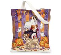 Fun Halloween Russell Terrier Dog Canvas Tote Bag for Shopping 13 * 15 Inch, Scary Puppy Ghost Reusable Grocery Bag for Women, Horror Pumpkin Aesthetic Pattern Gift Decor