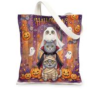 Fun Halloween Russian Blue Cat Canvas Tote Bag for Shopping 13 * 15 Inch, Scary Kitten Ghost Reusable Grocery Bag for Women, Horror Pumpkin Aesthetic Pattern Gift Decor